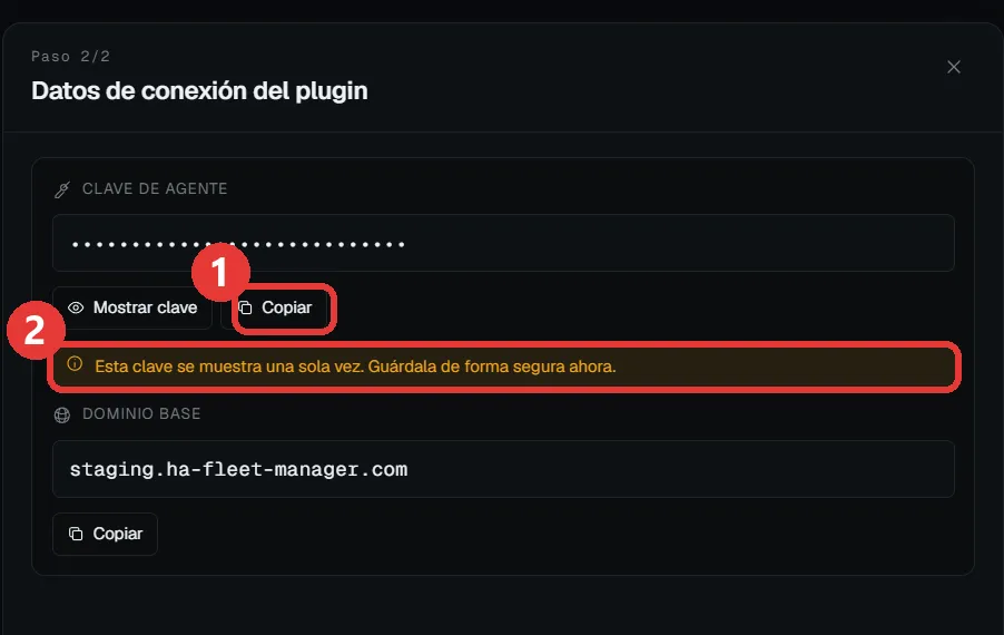 Panel con los datos de conexión: la clave de agente marcada junto al aviso de que solo se muestra una vez