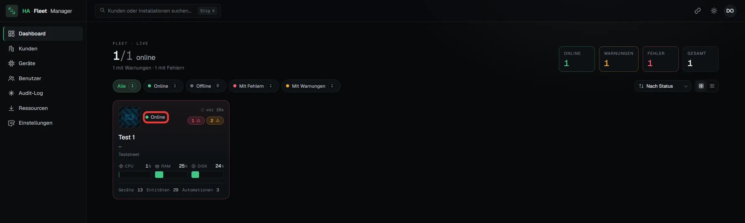 Fleet-Dashboard mit einem eingebundenen System im Status Online, dazu CPU-, RAM- und Speicherwerte
