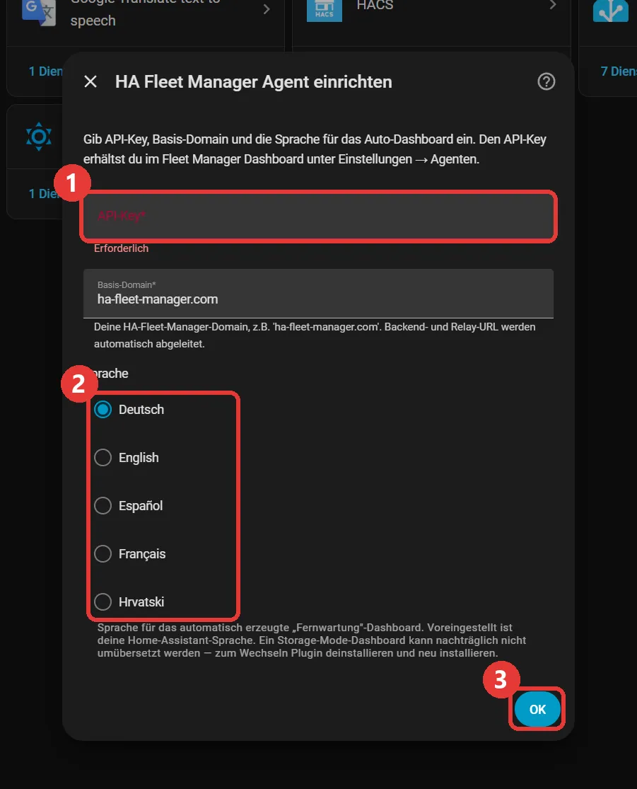 Einrichtungsdialog des HA Fleet Manager Agent mit den Feldern API-Key, Sprache und Basis-Domain