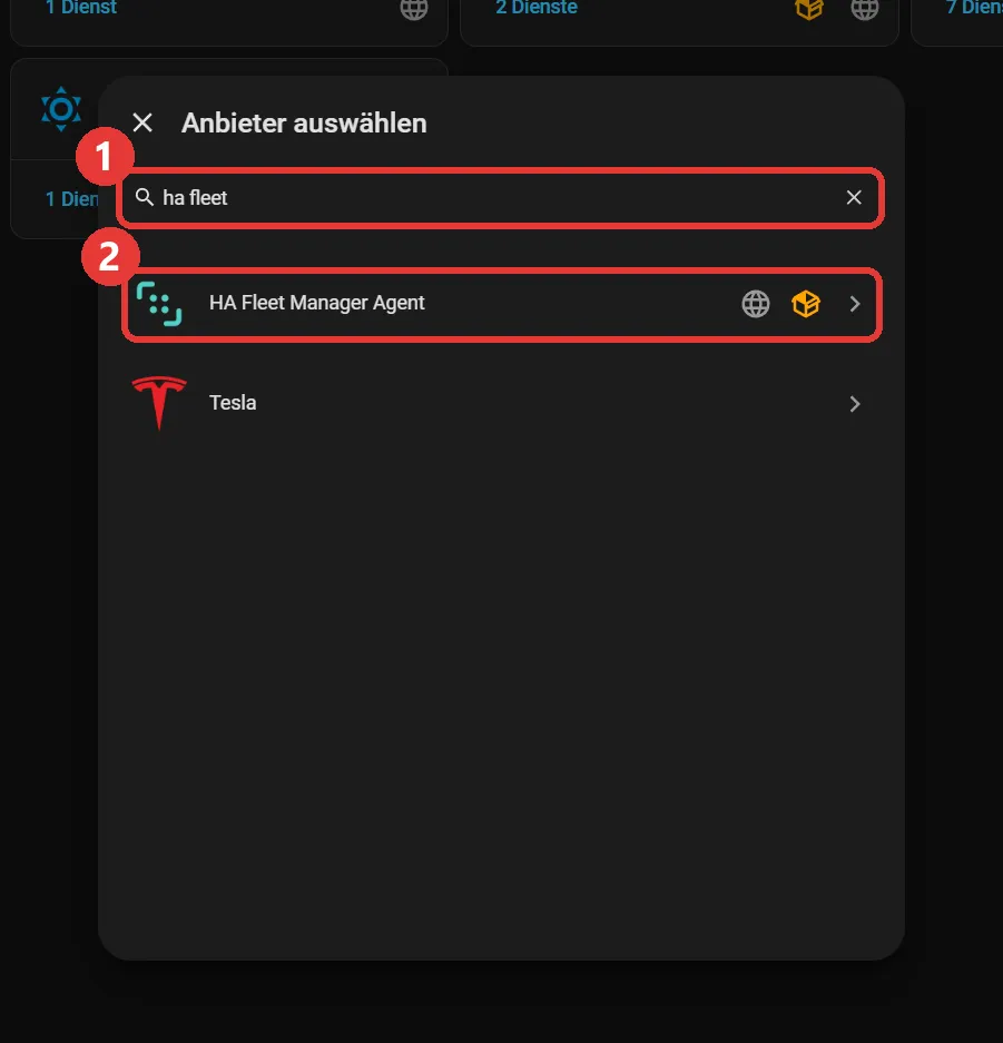 Suchdialog für Integrationen in Home Assistant mit dem Treffer HA Fleet Manager Agent