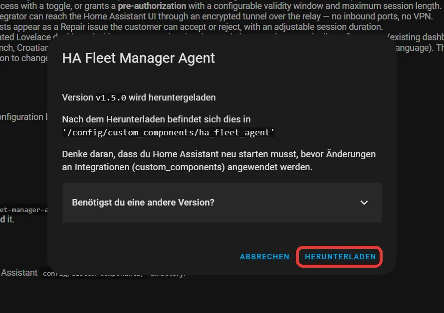 HACS-Downloaddialog des HA Fleet Manager Agent mit vorausgewählter neuster Version