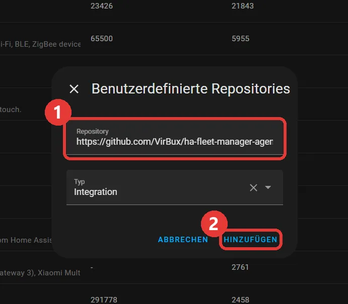 HACS-Dialog für benutzerdefinierte Repositories mit eingetragener GitHub-URL, Typ „Integration" und dem Knopf Hinzufügen