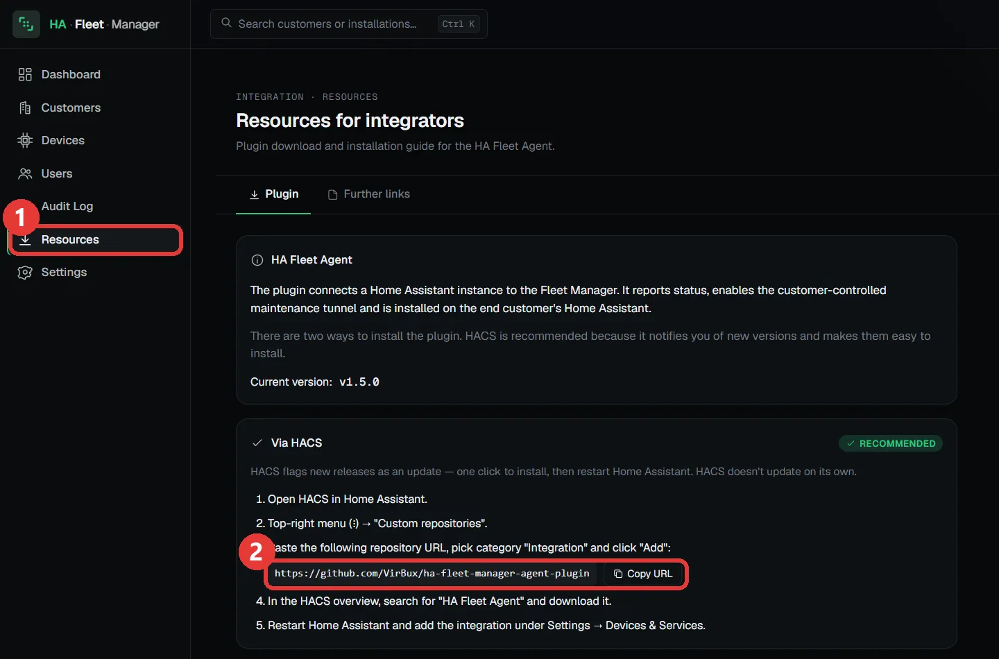 The "Resources for integrators" page in the app: the Resources menu item marked on the left, the repository URL with the "Copy URL" button on the right