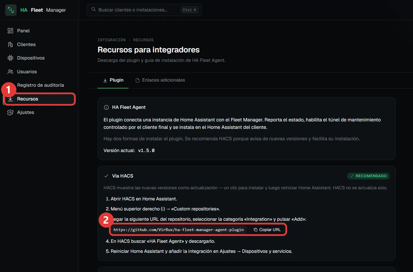 Página «Recursos para integradores» en la app: a la izquierda el menú Recursos marcado, a la derecha la URL del repositorio con el botón «Copiar URL»