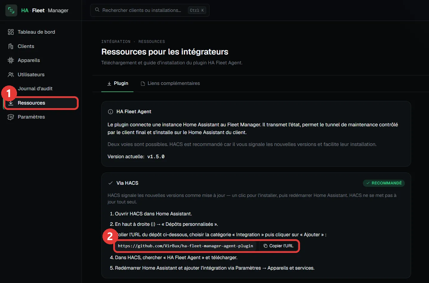 Page « Ressources pour intégrateurs » dans l'application : à gauche le menu Ressources encadré, à droite l'URL du dépôt avec le bouton « Copier l'URL »