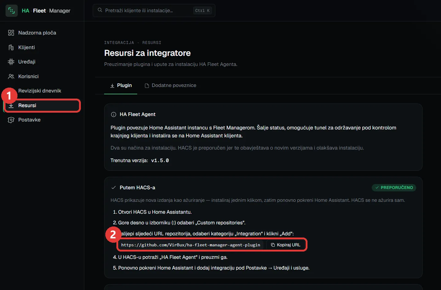 Stranica „Resursi za integratore" u aplikaciji: lijevo označena stavka izbornika Resursi, desno URL repozitorija s gumbom „Kopiraj URL"
